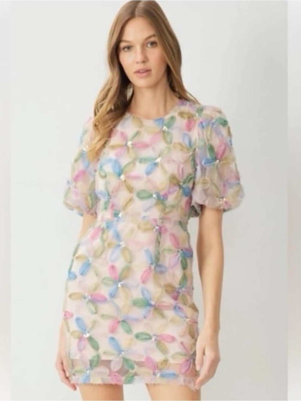 NWT Entro Blush Jacquard Pastel Sequin Mini Dress cutout back fits a M